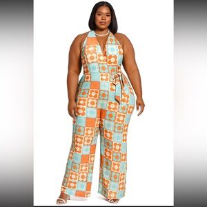 NWT Retro Stage 60s Inspired HALTER COLORBLOCK FLORAL SLEEVELESS JUMPSUIT sz 2XL